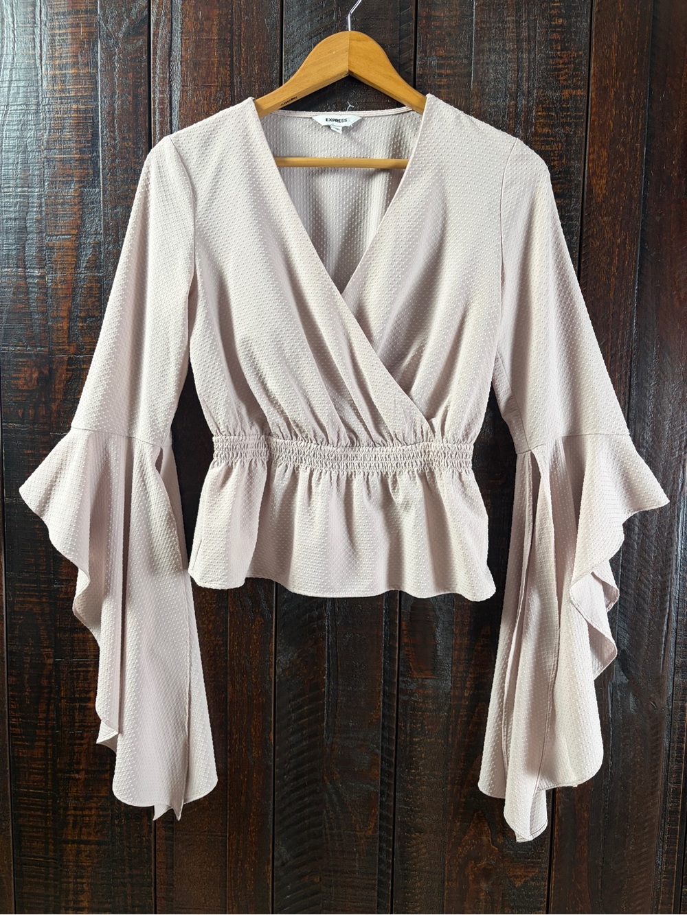 Express Mauve Chalk Surplice Peplum Blouse With Exaggerated Flare Sleeves